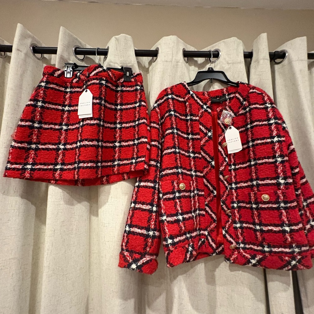 English Factory Red Plaid Tweed Blazer & Skirt Set